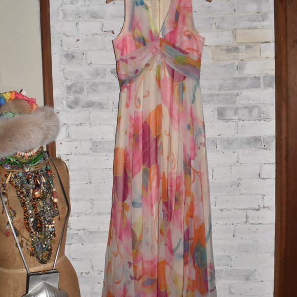 1960's VINTAGE Abstract Flora Chiffon Maxi Stunning Dress Small Size - Picture 4 of 16